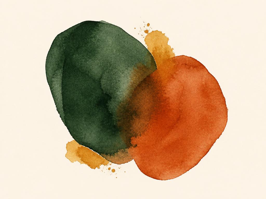 Abstracte aquarelvormen in groen en terracotta, symbool voor twee hechtingssystemen in één ontmoeting