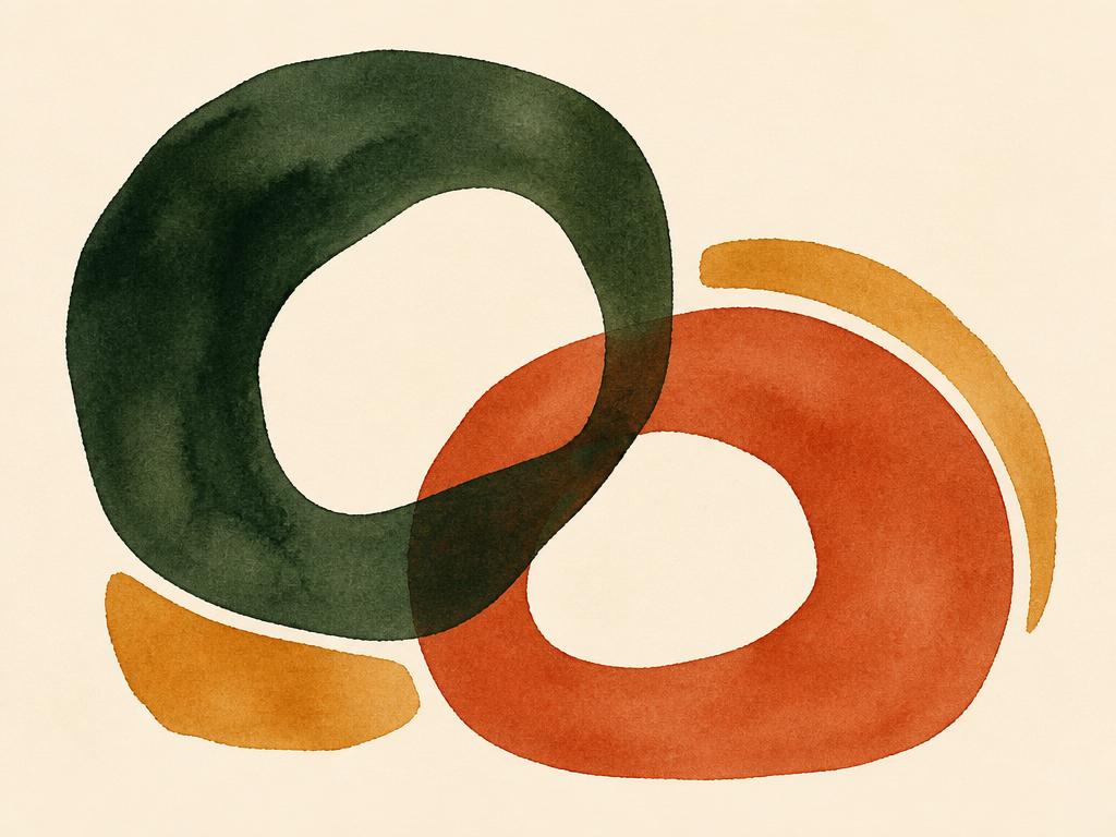 Abstracte aquarelvormen in groen en terracotta, symbool voor het meenemen van jezelf in het contact met de ander